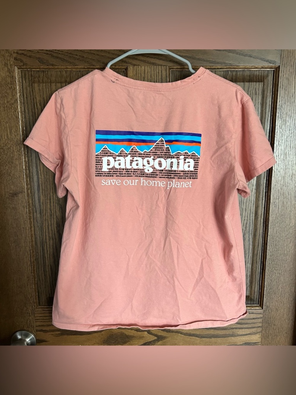Patagonia Coral Pink Graphic Tee with Multicolor Mountain Print